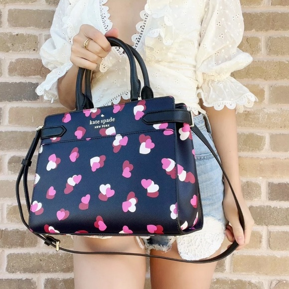 Kate Spade  Staci Flutter Hearts Heart Printed Medium Satchel Black crossbody - Picture 3 of 10